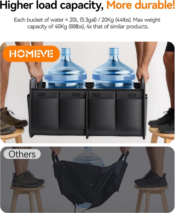 Homeve Car Trunk Organizer for SUV, 15.5Gal Large Capacity No-Sag Heavy Duty, Foldable Waterproof Anti-Slip Storage with 12 Pockets, Fit Sedan,Truck, Universal Car Accessories, Black, 2 Compart,Medium