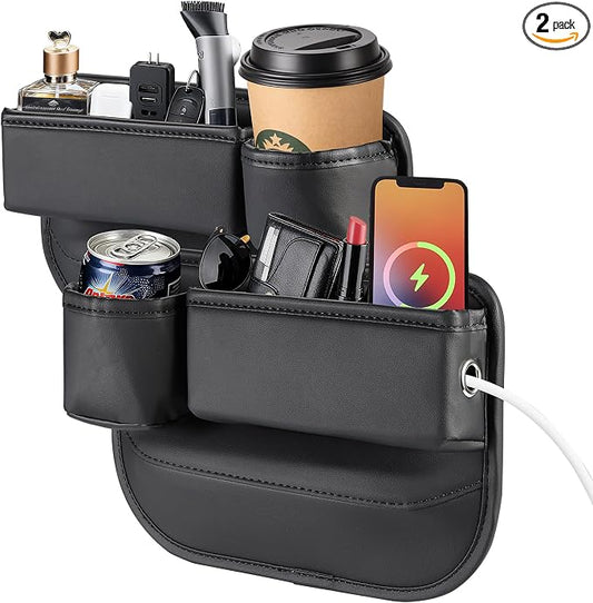 OUEST 2 Packs Car Seat Gap Filler Organizer, Car Seat Gap Storage Box with Cup Holder for Phone Drinks Glasses Keys