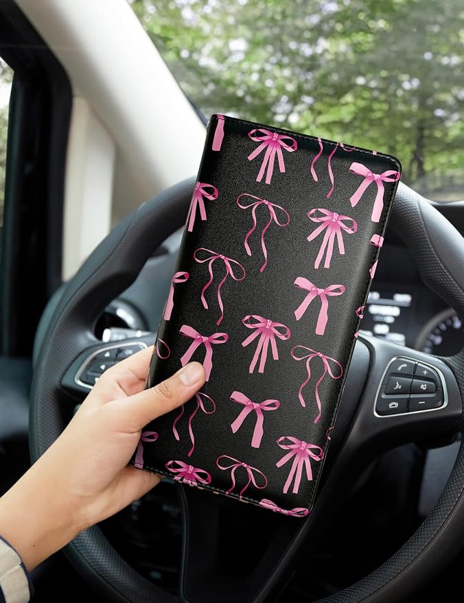 Mymazn Car Registration and Insurance Holder, PU Leather Glove Box Car Organizer with Magnetic Closure, Car Document Holder for Driver's License & Essential Documents (Pink Bow)