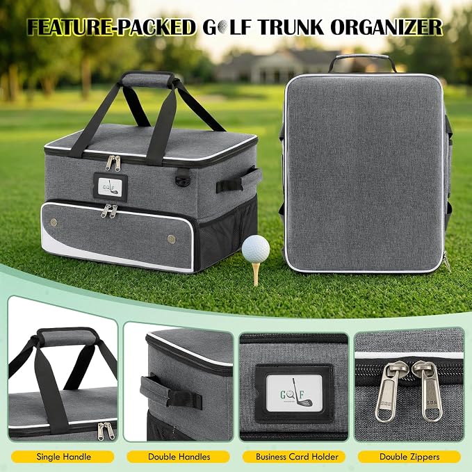 RAINSMORE Golf Trunk Organizer Golf Bag Organizers Golf Shoe Bag with Separate Ventilated Compartment for 2 Pair Shoes Golf Accessories for Balls, Gloves, Clothes