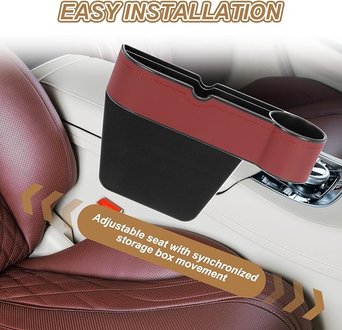 HARFINGTON Car Seat Gap Filler Organizer 10.6 x 7.1 x 2.8 Inch ABS+Leather Universal Car Organizer Storage Box Between Seat and Console (Right) with Cup Holders for Phone Keys, Brown