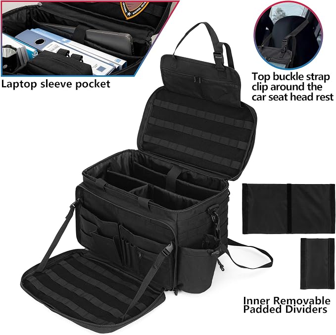 Trunab Patrol Bag Police Gear Car Front Seat Organizer for Law Enforcement Military Duty Bag with 15.6” Laptop Sleeve, Cups Holder, MOLLE Strips, Fits Vehicle Passenger Seat