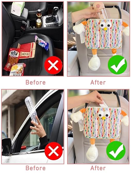 Car Trash Bag Hanging Cute 2 in 1 Can with Tissue Holder Box Seat Back over the Seat Organizer Plush Cartoon Animal Storage Garbage,Pink