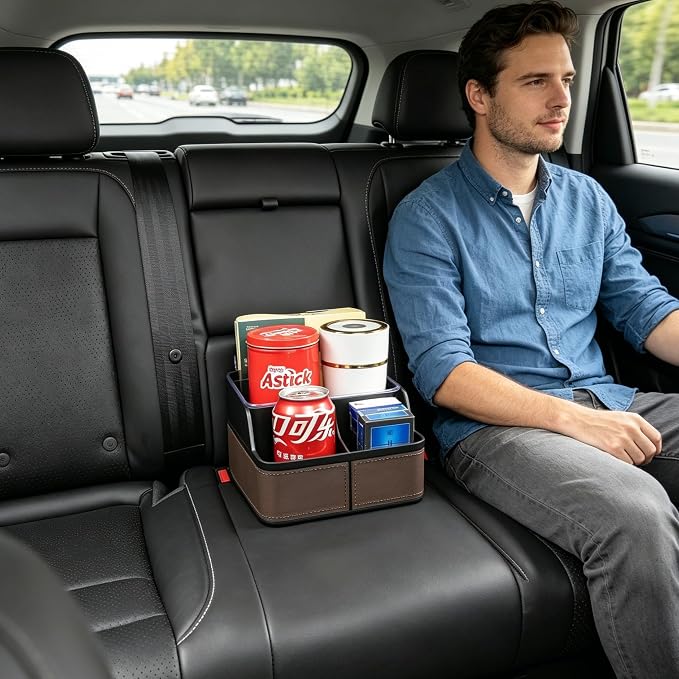 Car Seat Organizer with Phone Holder,Armrest Cup Holder Tray Truck Organizer & Storage Front Seat Organizer Small Car Caddy fit for Car SUVs Pickup Truck Van(Brown)