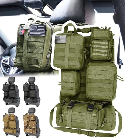 DBTAC Tactical Molle Car Seat Organizer | Vehicle Back Panel with 5X Detachable Pouches, US Flag & Writable Reflective Patch for Cars, Trucks, SUVs, Sedans