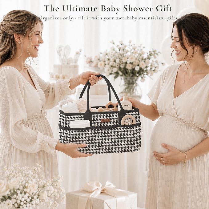 Konssy Quilted Diaper Caddy Organizer, Diaper Caddy Basket with PU Leather Handles, Water-Repellent Nursery Storage Basket, Portable Car Organizer, Registry Search Must Haves (Black Hound)