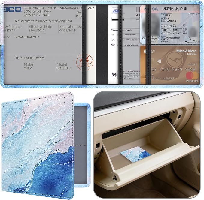 Car Registration and Insurance Holder, Premium Pu Leather Vehicle Glove Box Organizer - for Driver License, Cards & Essential Documents (S-Marble)