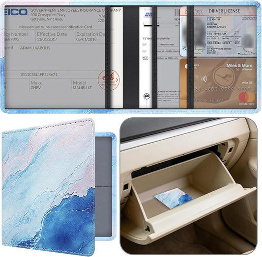 Car Registration and Insurance Holder, Premium Pu Leather Vehicle Glove Box Organizer - for Driver License, Cards & Essential Documents (S-Marble)