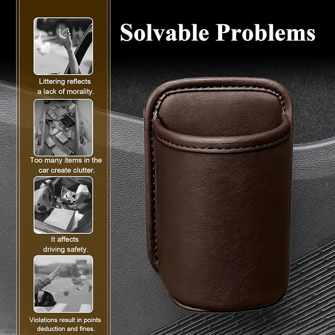 Car Cup Holder, Waterproof Leather Car Door Cup Holder, Clip-On Back Seat Storage Bag & Trash Can, Universal Hanging Drink & Phone Organizer Pocket for Most Cars (Brown)