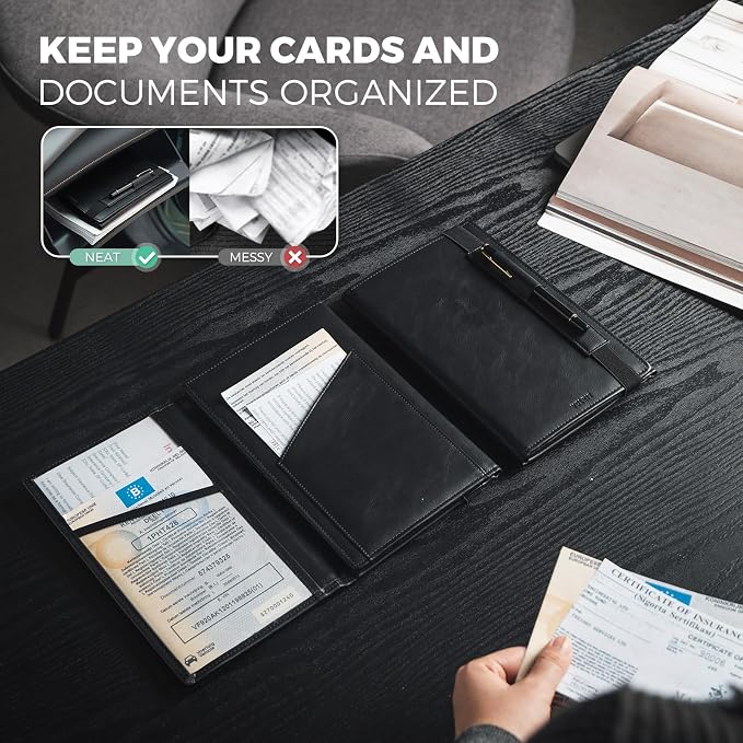 VULKIT Car Registration and Insurance Card Holder Vehicle Glove Box Organizer Leather Tri-fold Design for Car Keys, ID Holder, Essential Documents Black