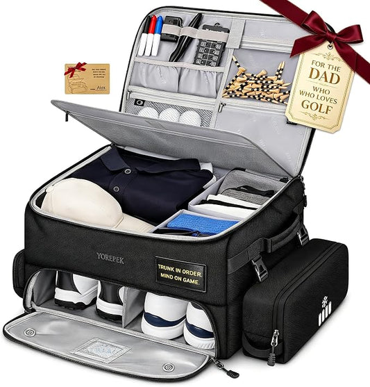 YOREPEK Upgraded Golf Trunk Organizer, Golf Gifts for Men, with Removable Insulated Pouch&Dust-Proof Protective Layer, Multi-Compartment fits 2 Pairs of Shoes, Golf Accessories