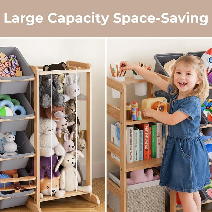 Toy Storage Organizer with Bookshelf and Stuffed Animal Storage - Kids Playroom Organization with Shelves and 16 Toy Bins - Toddler Living Room Toy Box for Lego - Nursery Bedroom Decor Essential