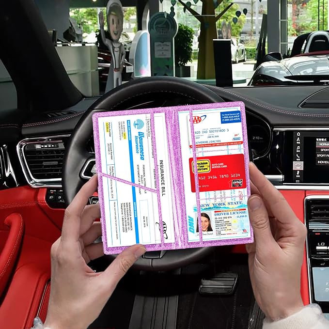 TOURSUIT Car Registration and Insurance Card Holder, Vehicle License Document Glove Box Compartment Organizer, Interior Car Accessories for Women Men (Glitter Purple)