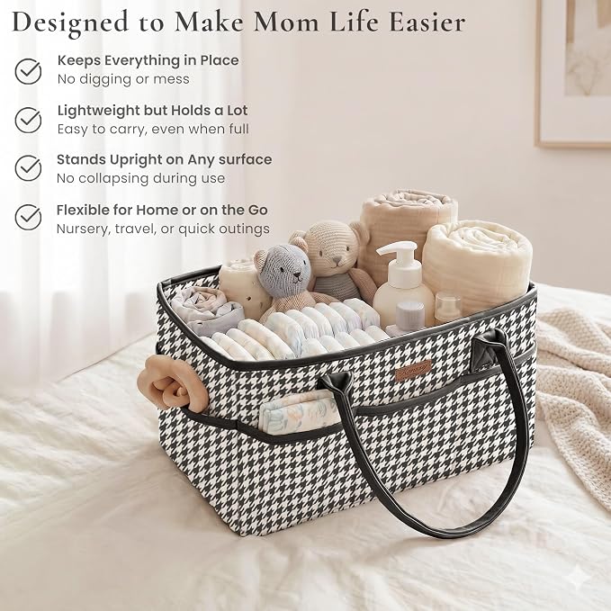 Konssy Quilted Diaper Caddy Organizer, Diaper Caddy Basket with PU Leather Handles, Water-Repellent Nursery Storage Basket, Portable Car Organizer, Registry Search Must Haves (Black Hound)