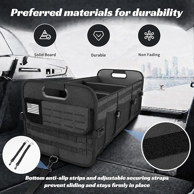 Sposuit Car Trunk Organizer for SUV - 105L Collapsible Tactical MOLLE Car Storage with Reinforced Handles & Multiple Pockets, Sturdy Trunk Organizers for Groceries, Tools & Outdoor Storage (Black)