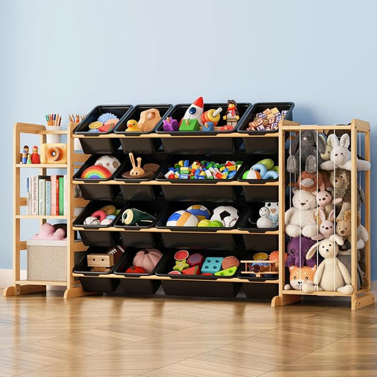 Toy Storage Organizer with Bookshelf and Stuffed Animal Storage - Kids Playroom Organization with Shelves and 16 Toy Bins - Toddler Living Room Toy Box for Lego - Nursery Bedroom Decor Essential