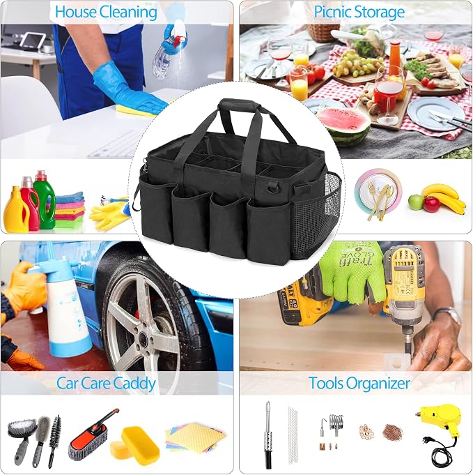 HODRANT Extra-Large Cleaning Caddy, Organizer with Handles for Cleaning Tools & Products Storage, Large Capacity Tote Bag for Car, Home & Housekeeping Work, Black