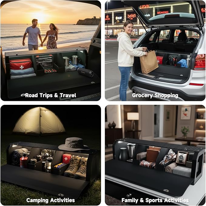 Car Trunk Storage Organizer with Light, Waterproof Trunk Organizer with Lid & Sturdy Handle, Leather SUV Cargo Storage Box Powered by 4 AA Batteries (Batteries Not Included) (37 inch)