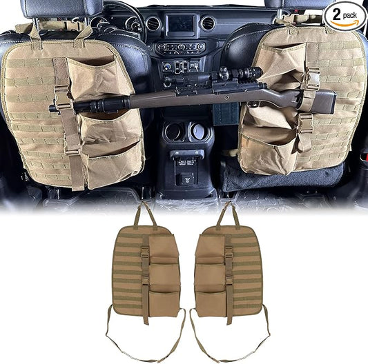 SUNPIE 2 Pcs Seat Back Truck Gun Rack，Automotive Gun Racks with Molle Panel Universal Seatback Storage Pockets Tactical Car Seat Back Organizer for Hunting Accessories Storage,Khaki