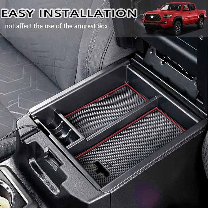JDMCAR Center Console Tray Organizer Compatible with Toyota Tacoma Accessories 2016-2022 2023, Armrest Insert Container ABS Material Secondary Storage Box-(Red Trim)