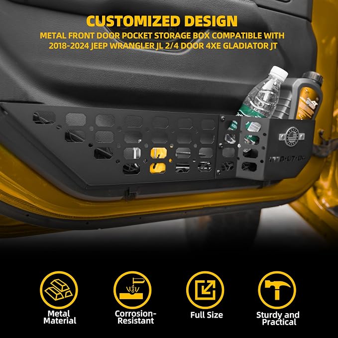 2Pcs Metal Front Door Storage Box for Jeep Wrangler JL JLU 4XE 2018-2024 & Gladiator JT 2020-2024 Interior Storage Expansion Front Door Storage Pockets Side Insert Organizer Accessories