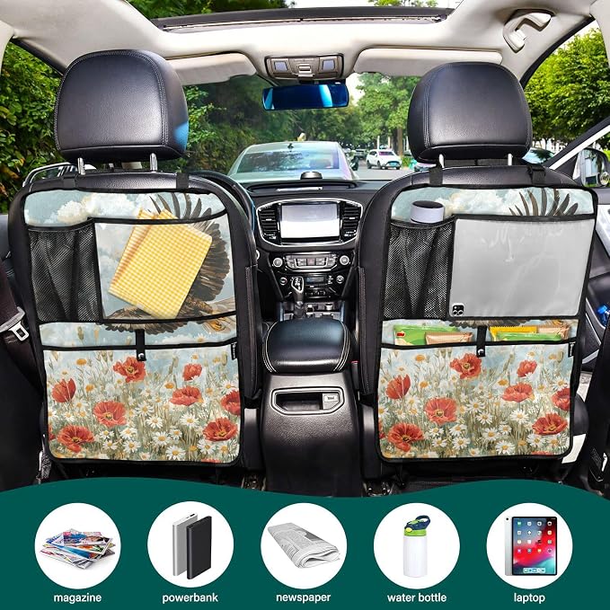 Blue Eagle Poppy and Daisy Flowers 2 Pack Backseat Car Organizer with Storage Pockets Seat Back Organizers for Kids Kick Mats Backseat Protector Automotive