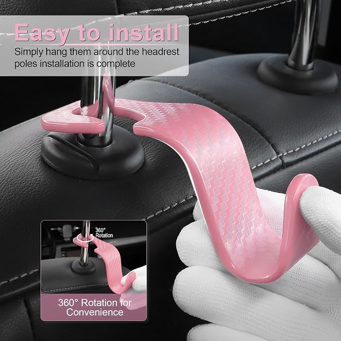 LivTee Car Purse Hook, Headrest Hook for Car, 4 Pack Universal Auto Car Seat Headrest Hook Hangers Organizer for Purse Coat Umbrellas Grocery Bags Handbag, Car Accessories - Carbon Fiber Pink