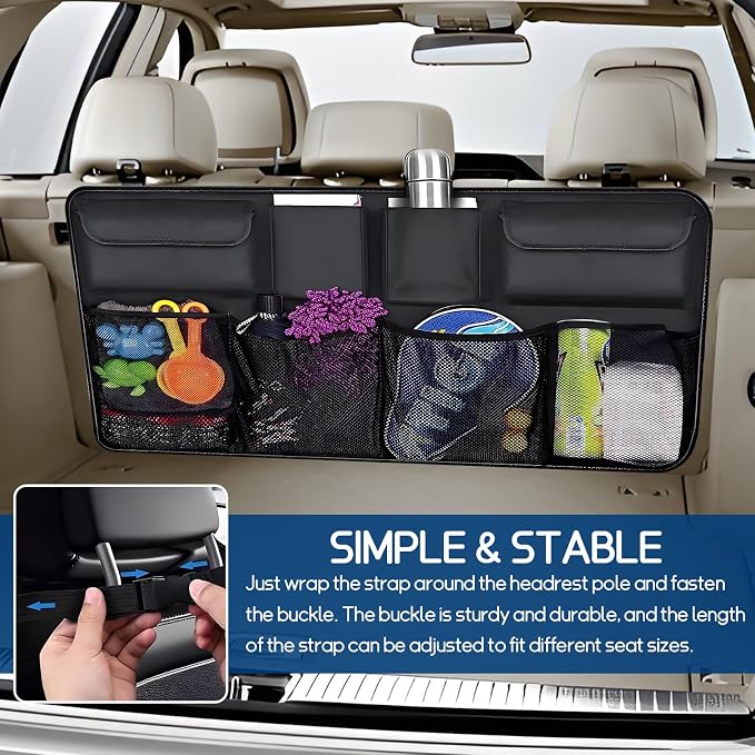 Car Trunk Organizer, Space Saving Backseat Hanging Storage with 4 Large Pockets, Super Capacity Vehicle Trunk Organizer Bag, Universal for Cars SUVs Trucks Vans, Car Accessories (Upgraded)