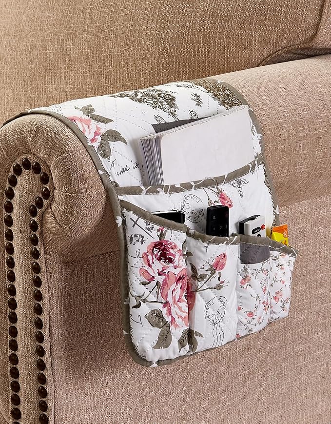 Brilliant Sunshine Pink Rose and Grey Toile Patchwork Couch Armrest Organizer, Non Slip Armchair Caddy for Sofa Recliner, Washable Remote Control Holder, Storage for Magazine, Phone, iPad (35"×13")