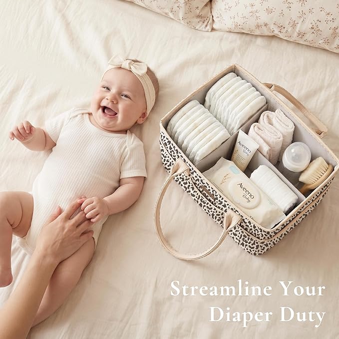 Konssy Quilted Diaper Caddy Organizer, Diaper Caddy Basket with PU Leather Handles, Water-Repellent Nursery Storage Basket, Portable Car Organizer, Registry Search Must Haves (Little Leopard)