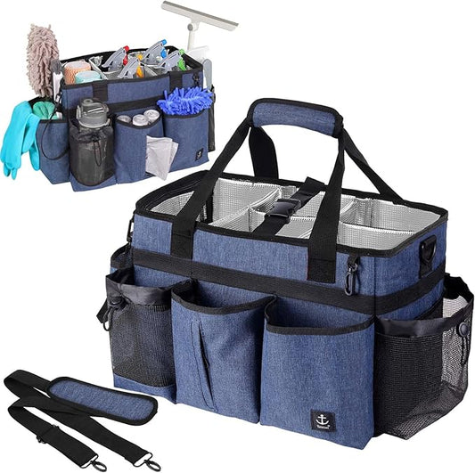Large Wearable Cleaning Caddy Bag with Detachable Divider, Cleaning Organizer with Handles, Cleaning Supply Tote with Adjustable Shoulder Strap&Waist Belt for Cleaners & Housekeeper (Blue)
