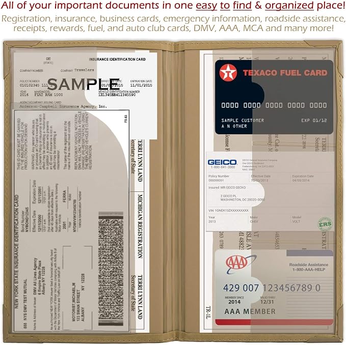 Auto Insurance and Registration Card Holder - Vehicle Glove Box Document Organizer - Car Essential Paperwork Holder for DMV, AAA, Contact Information Cards - Premium PU Leather Wallet Case - Beige