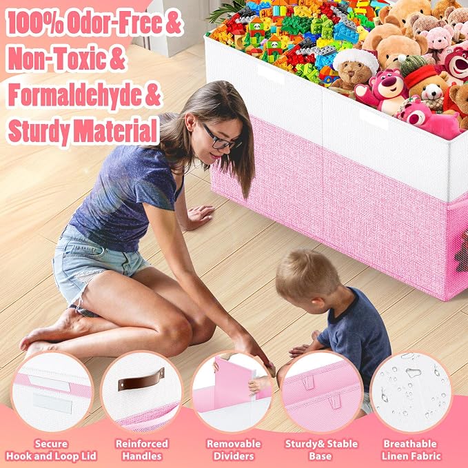 Large Toy Storage Box with Lid Divider, Sturdy Collapsible Toys Organizer Chest Kids Storage Bins Boxes Baskets for Boys, Girls, Nursery, Bedroom, Living Room, Playroom, 25"x13"x16", Pink and White