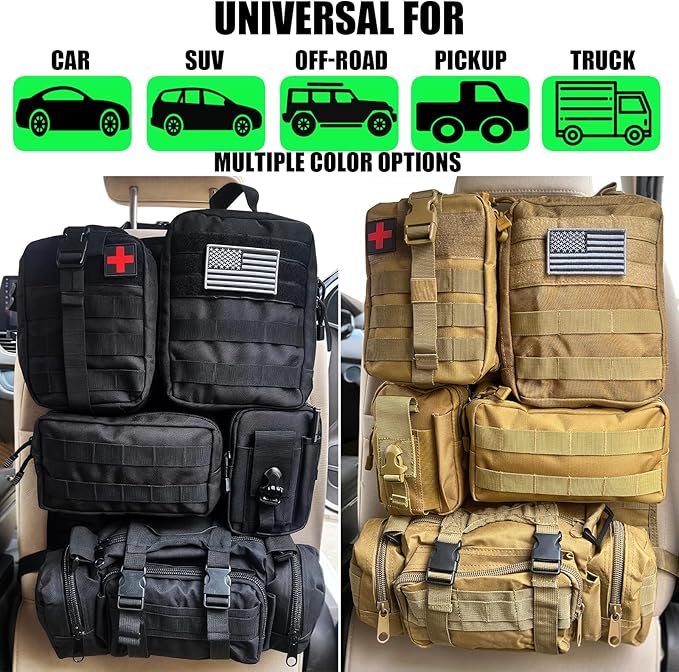 7 PACK Tactical Seat back organizer Truck organizer With 6 Detachable Pouches Universal For Car Truck Ford Jeep Military-Grade Heavier Panels With Multi-functional Packs (6 pack Black)