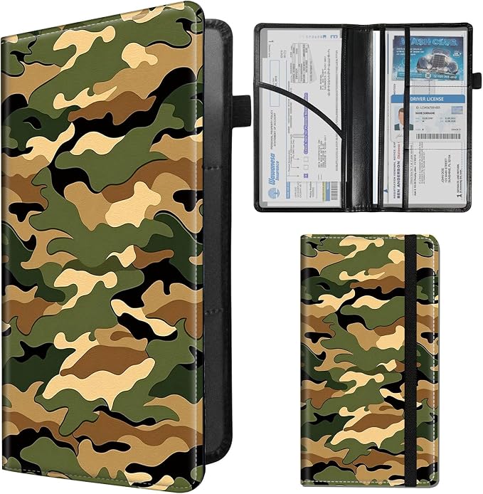 Car Registration and Insurance Holder,PU Leather Car License Document Insurance and Registration Card Holder Men Women Vehicle Glove Box Organizer Auto Accessories-Classic Army Camouflage Pattern