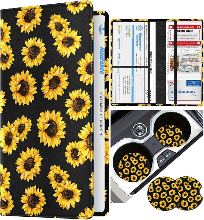 Slohif Car Registration and Insurance Card Holder with Magnetic Shut - Vehicle Glove Box Organizer Women Leather Automobile License Holders Coasters Auto Accessories Case for Document,Sunflower