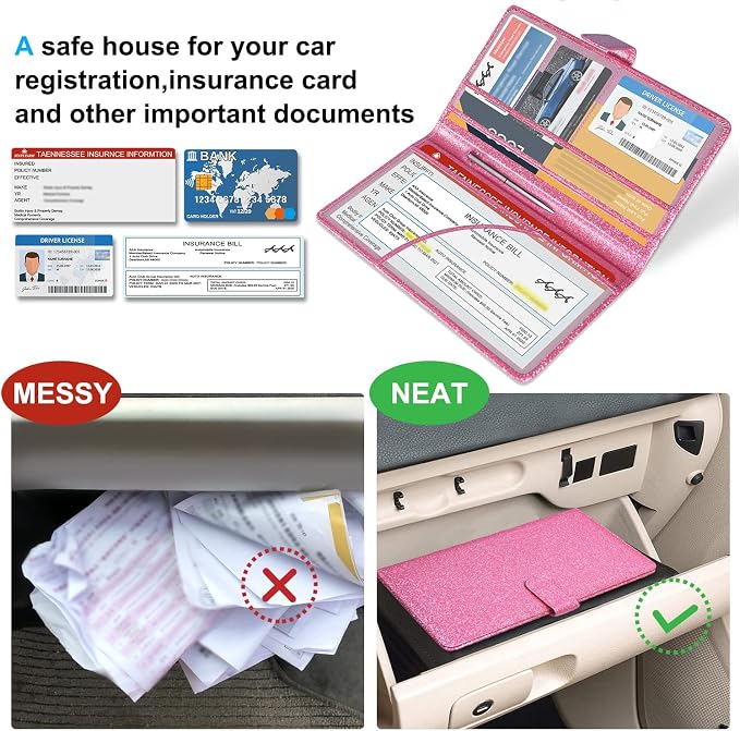 DMLuna Car Registration and Insurance Holder, Leather Vehicle Card Document Glove Box Organizer, Auto Truck Compartment Accessories for Essential Information, Driver License Cards, Glitter Pink