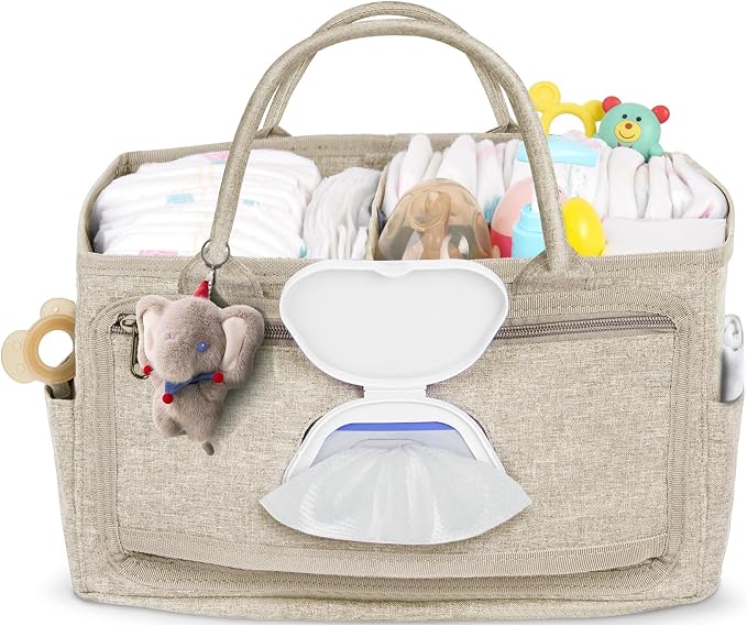 Volnamal Diaper Caddy with Wipe Dispenser One-Handed Access, Premium Diaper Organizer, Portable Car Organizer Nursery Basket for Newborn Essentials, Baby Registry Must Haves for Boys & Girls, Beige