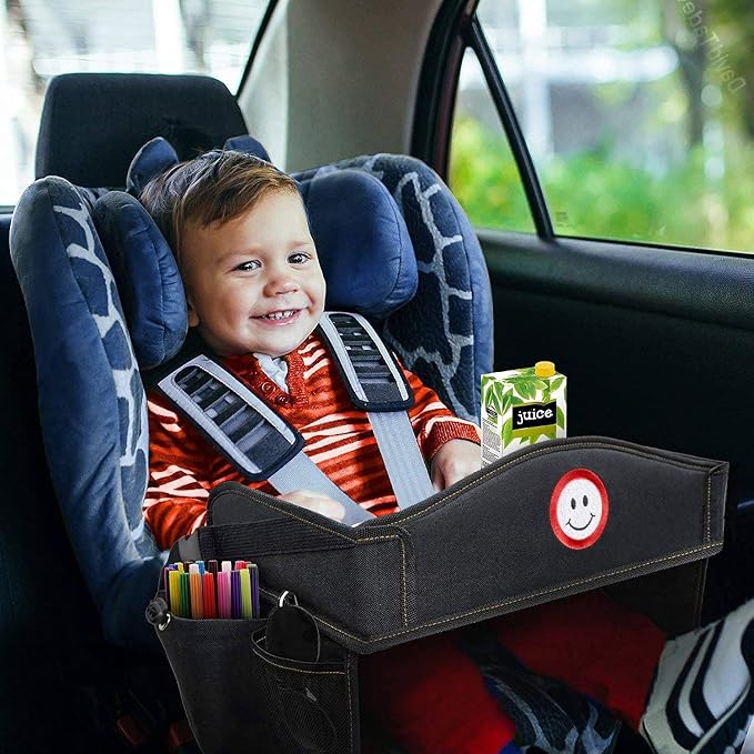 Coolmum Kids Travel Tray, Toddler Car Seat Tray, Double Sided Activity Organizer, Snack Lap Tray, Baby Stroller Table, Airplane Play Table, Waterproof and Foldable (Premium Black)
