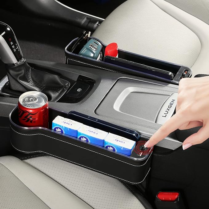 7 Color Led Car Seat Gap Organizer with 56W Fast Charger Car Console Organizer with Cup Holder Front Seat Gap Filler with USB Between Seat Cup Holder fit for Android iPhone (Black)