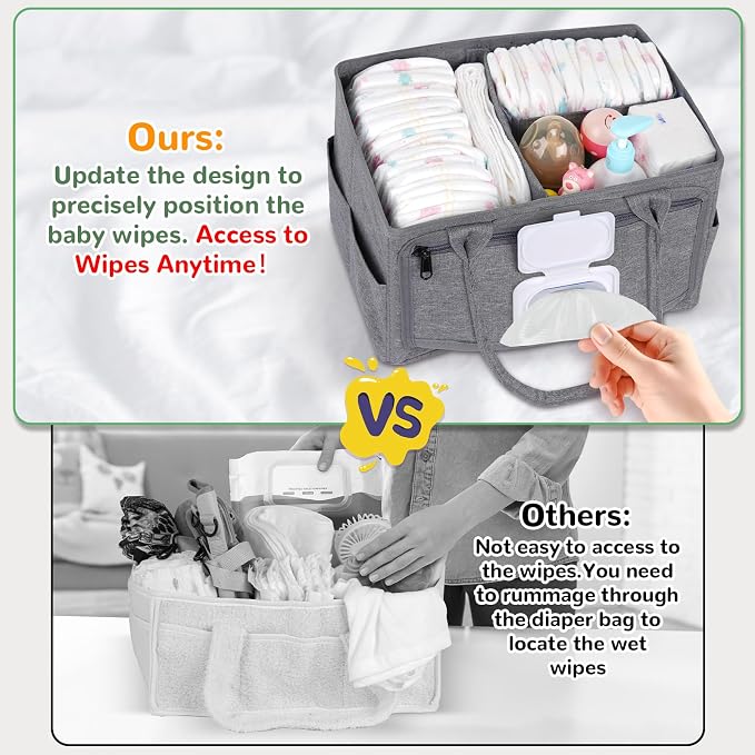 Volnamal Diaper Caddy with Wipe Dispenser One-Handed Access, Premium Diaper Organizer, Portable Car Organizer Nursery Basket for Newborn Essentials, Baby Registry Must Haves for Boys & Girls,Grey