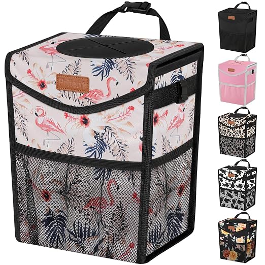 Pritent Car Trash Can with Lid, Cute Leakproof Car Trash Garbage Bag Hanging Vehicle Trash Bin Small Portable Automotive Garbage Cans Organizer for Back/Front Seat/Console(2.8 gal,Flamingo Print
