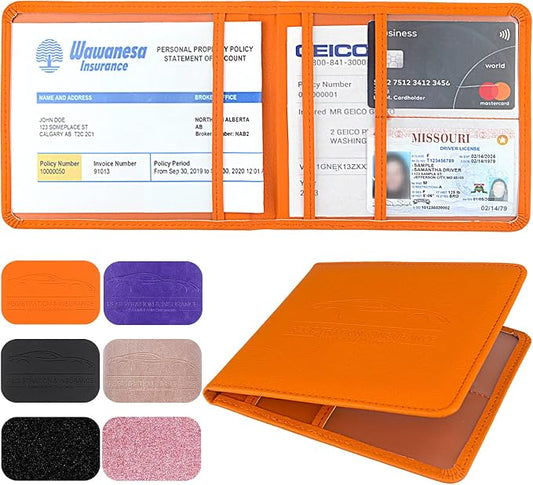 LumiMokki Car Registration and Insurance Holder, Leather Registration and Insurance Card Holder, Vehicle Glove Box Organizer - For Documents, Cards, License (Orange)