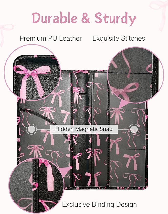 Mymazn Car Registration and Insurance Holder, PU Leather Glove Box Car Organizer with Magnetic Closure, Car Document Holder for Driver's License & Essential Documents (Pink Bow)