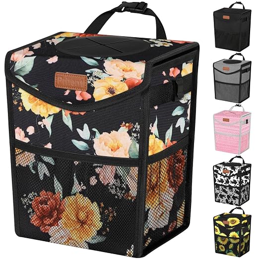 Pritent Car Trash Can with Lid, Cute Leakproof Car Trash Garbage Bag Hanging Vehicle Trash Bin Small Portable Automotive Garbage Cans Organizer for Back/Front Seat/Console(2.8 Gallons,Rose)