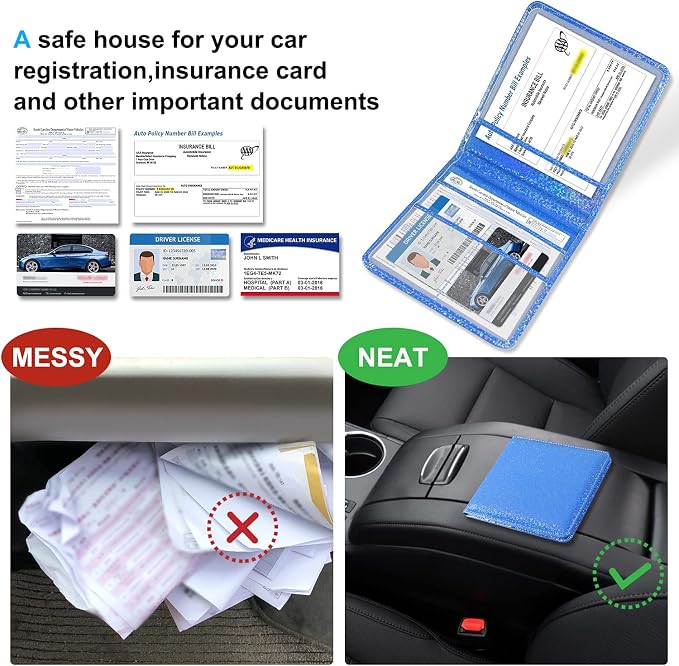 DMLuna Car Registration and Insurance Holder, Folio Leather Vehicle Card Document Glove Box Organizer, Driver License Cards, Royal Blue Glitter