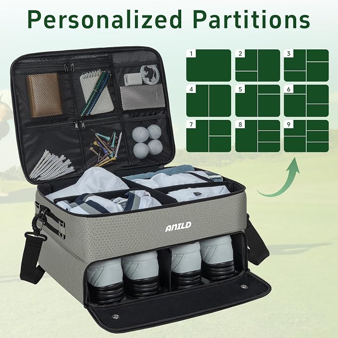 ANILD Golf Trunk Organizer, 2 Layer Golf Storage Case with Separate Ventilated Compartment for 2 Pair Shoes, for Balls, Tees, Clothes, Gloves, Accessories, Golfer Gifts