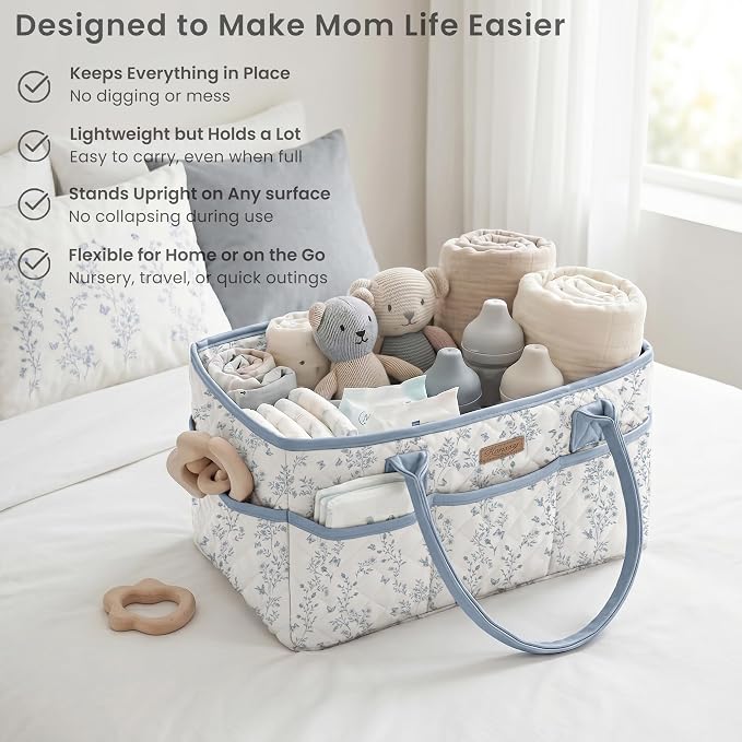 Konssy Floral Quilted Diaper Caddy Organizer, Diaper Caddy Basket with PU Leather Handles, Water-Repellent Nursery Storage Basket, Portable Car Organizer, Registry Search Must Haves (Blue Garden)