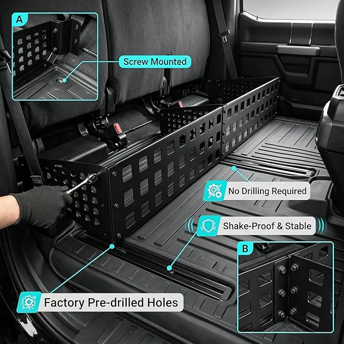 Adjustable Capacity Under Seat Storage Molle Panel with Removable Divider for 2015-2026 F150 Supercrew & 2017-2026 F250 F350 F450 F550 Crew Cab Accessories, Underseat Organizer for F-150 Accessories