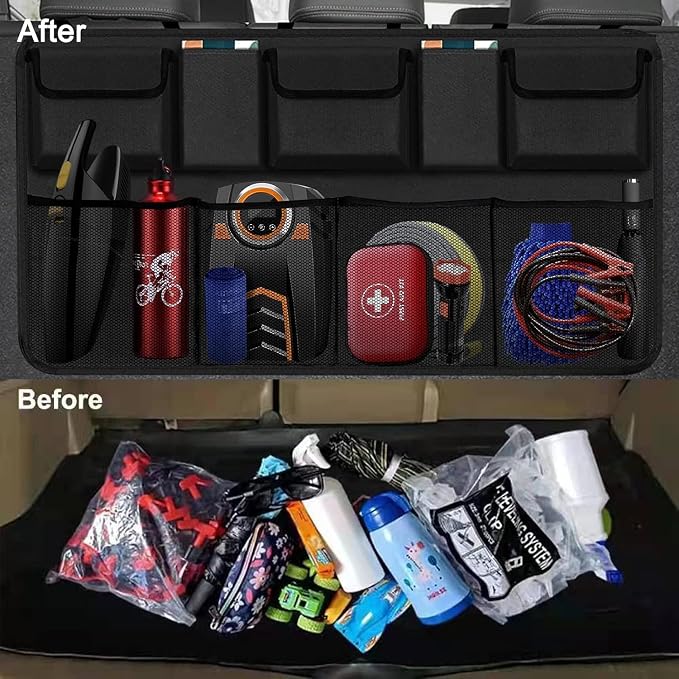 Car Backseat Hanging Trunk Organizer for SUV, Van, Truck with 9 Strage Pockets, Space Saving Organizer, Durable Strong Straps, Easy Wash (Rear Seat)